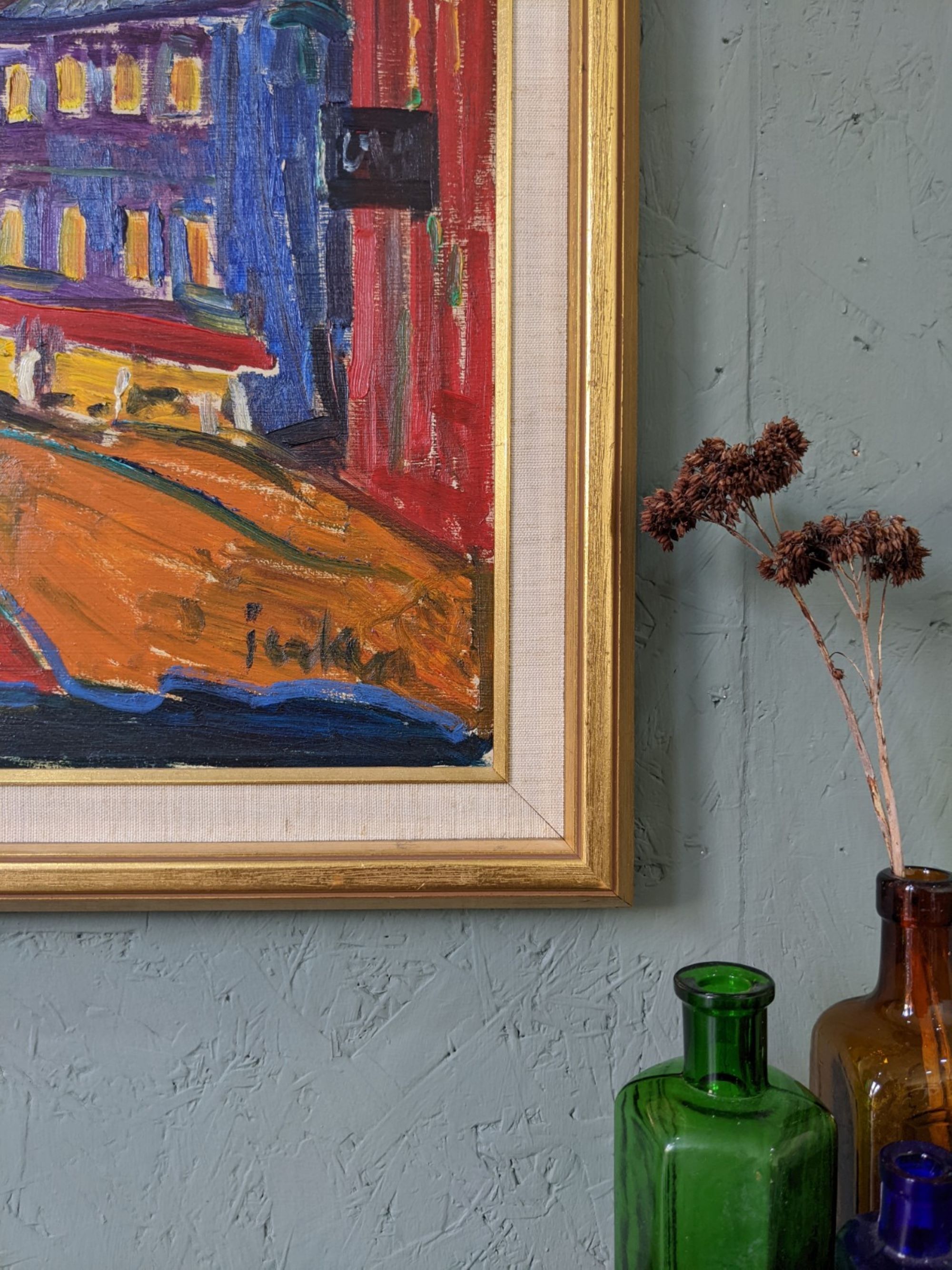 Mid-Century Modern Swedish "Just Married" Vintage Street Scene, Framed Oil Painting