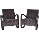 Pair of H 269 armchairs by Jindrich Halabala in wood and faux fur, brown/grey, 1930s