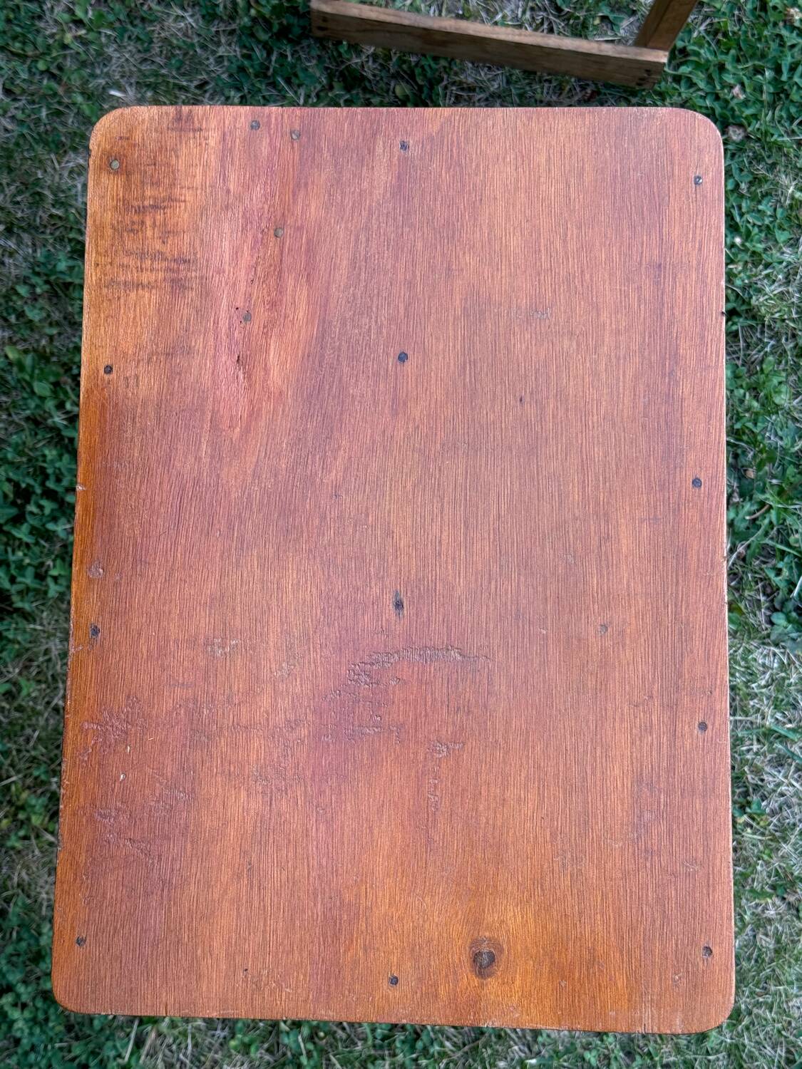 Old suitcase, table and stools, vintage wooden picnic