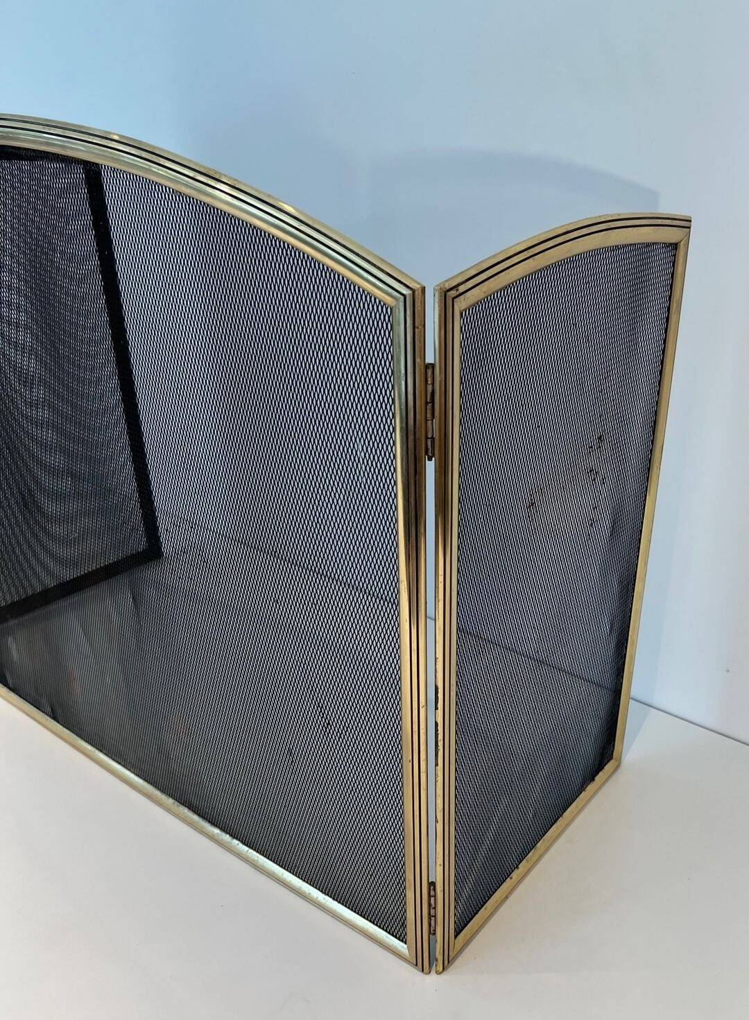 Three-Panel Neoclassical Fire Screen with Wire Mesh and Brass Frame