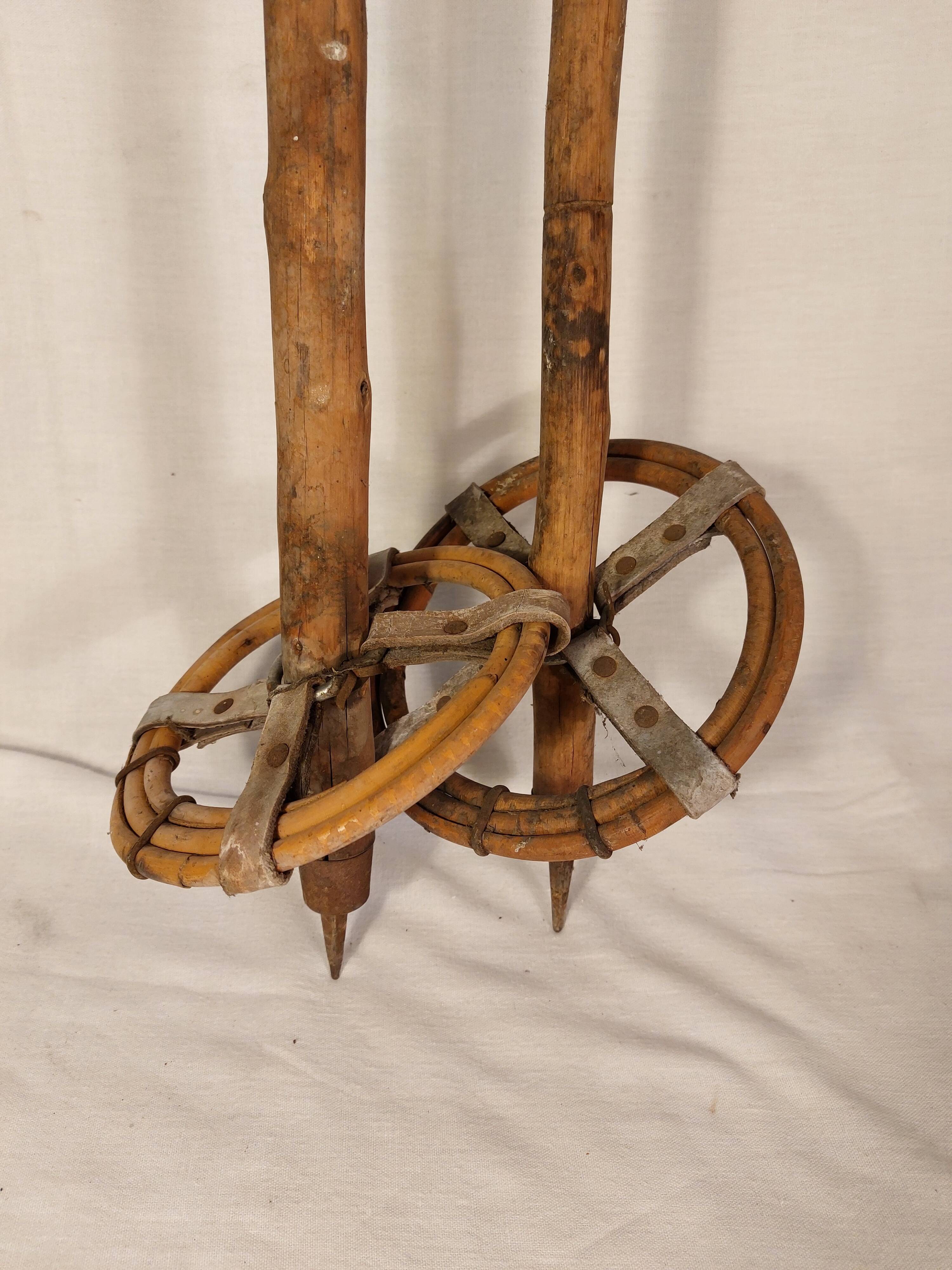 Old wooden and rattan ski poles