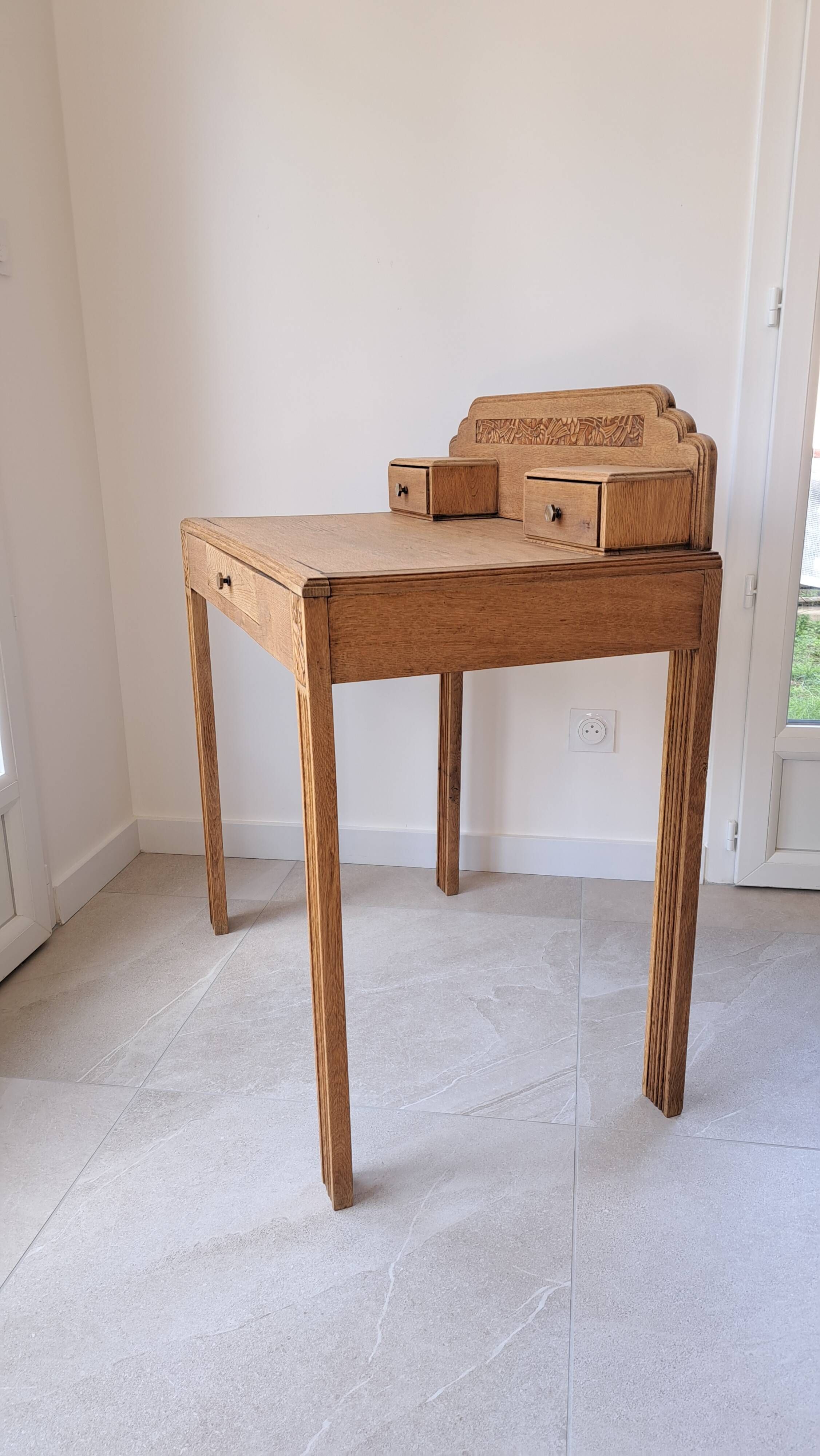 Art Deco oak desk, stripped finish, console size, 3 drawers.