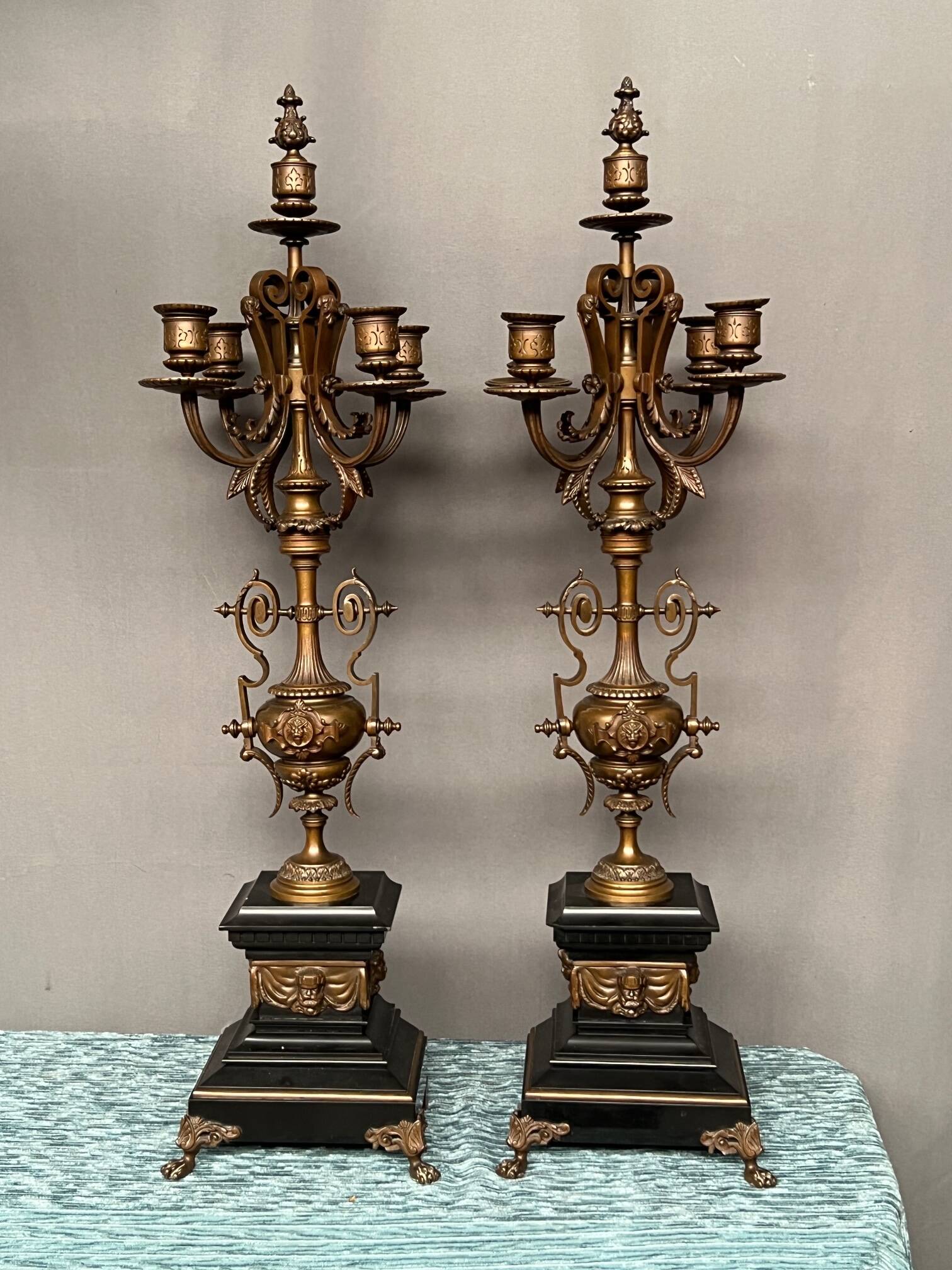 Pair of large Renaissance-style candlesticks. Marble. Solid bronze.