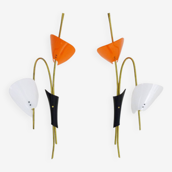 Pair of Mid-Century orange and white Arum wall sconces, Italy, 1950s