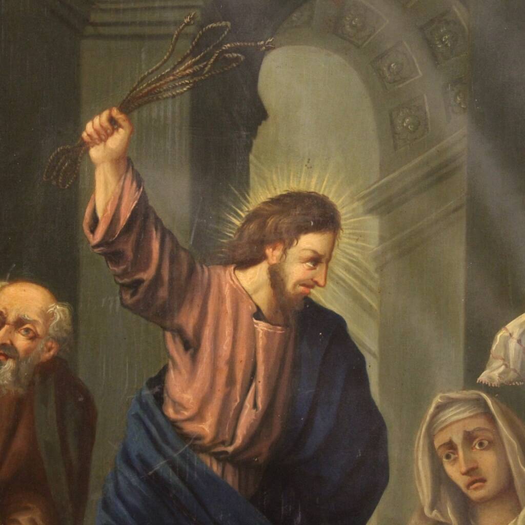 Peinture italienne à l'huile sur cuivre "Expulsion des marchands du temple"