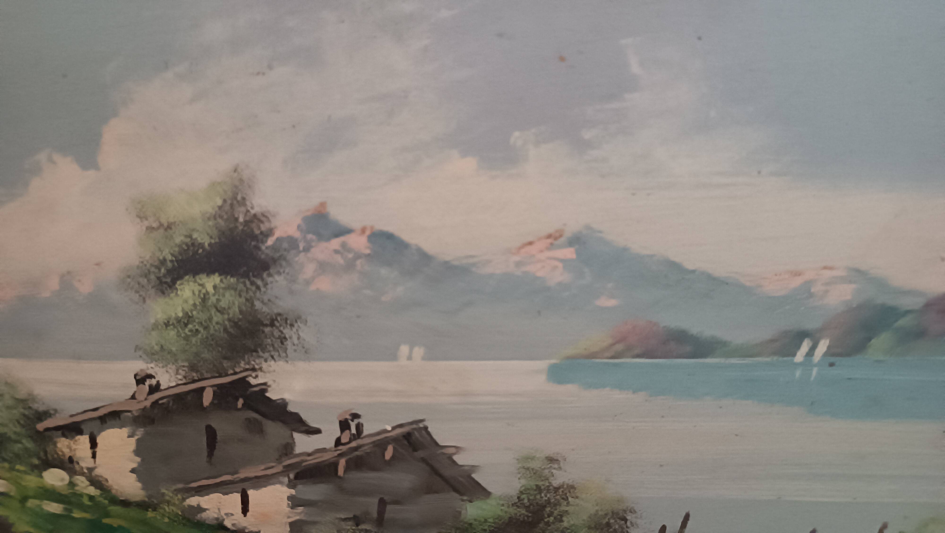 Tableau paysage montagne lac alpes signé pini années 1950