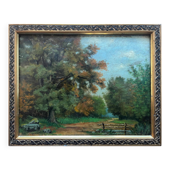 Tableau HSP "Chemin arboré en sous bois" signé J. Manheimer 1918