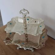 Vintage two-tiered server in oriental style – Silver-plated metal and turquoise cabochons.