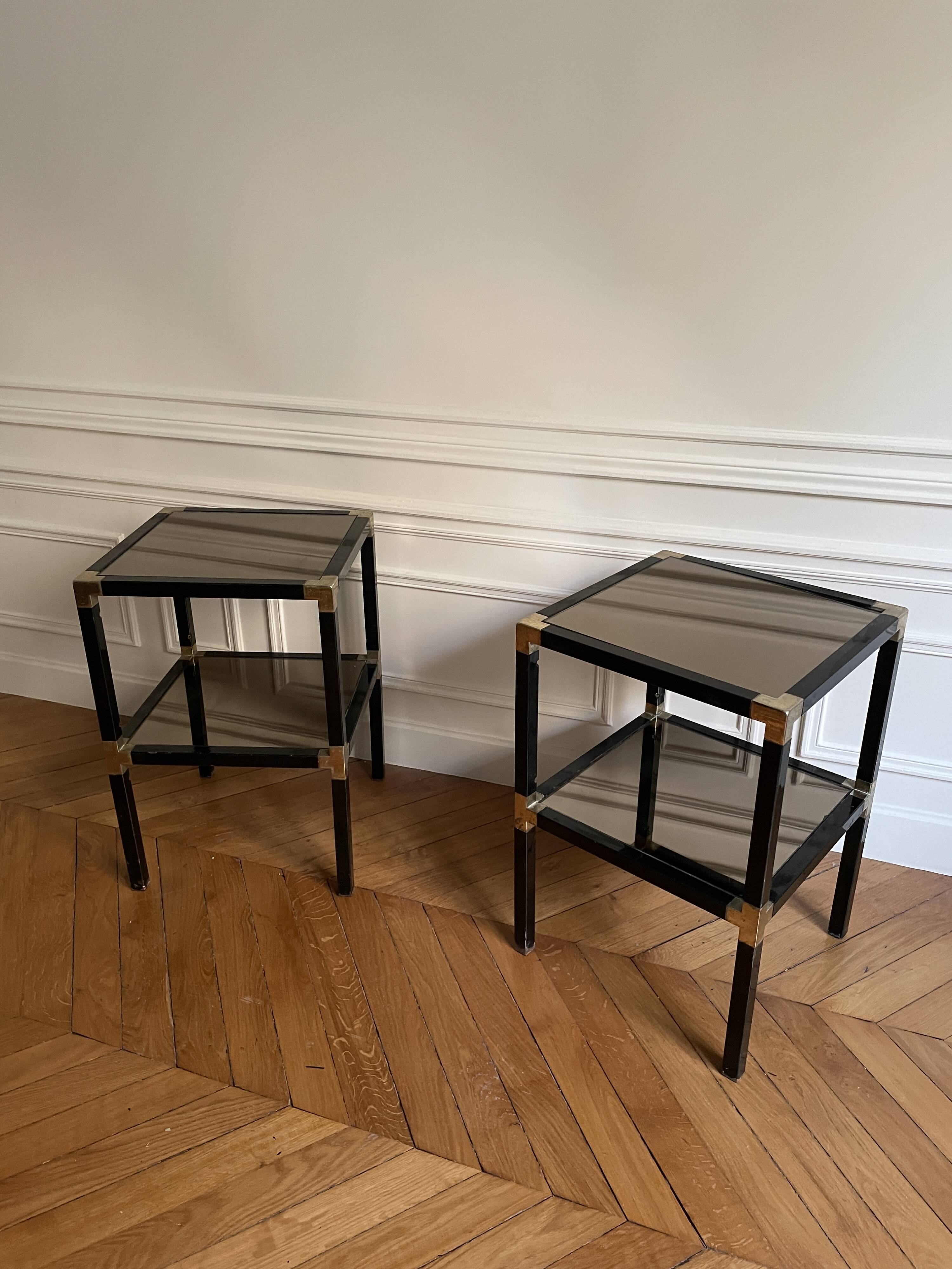 Pair of vintage metal and smoked glass side tables