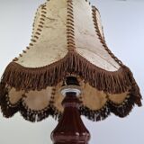 Vintage ceramic table lamp with hand-stitched leather shade, 1980s.