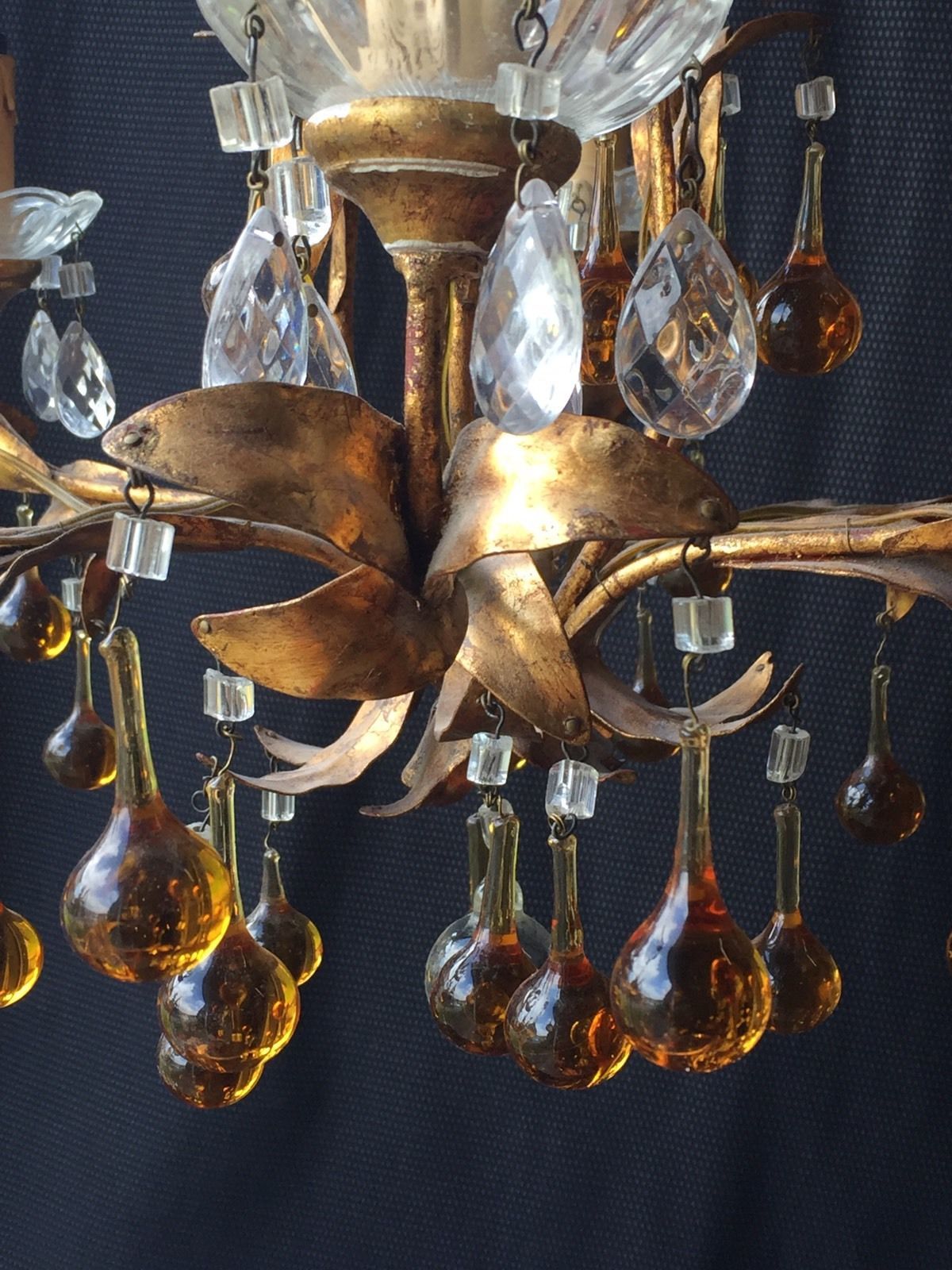 Chandelier 6 lights tassels color and frame foliage gold metal