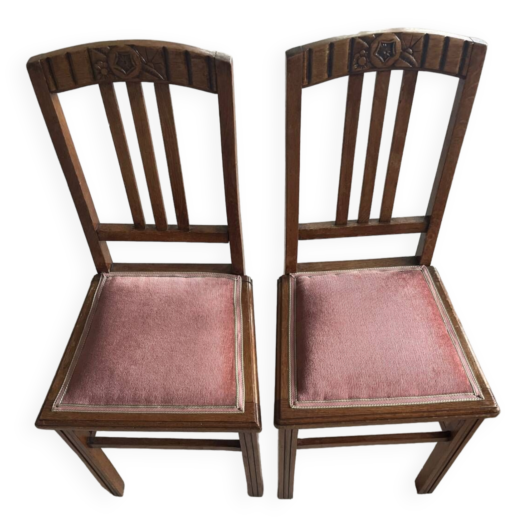 Pair of carved wooden chairs with pink velvet seat ART DECO
