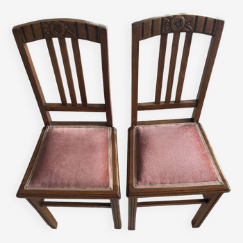 Paire de chaise bois sculpté assise velours rose ART DÉCO