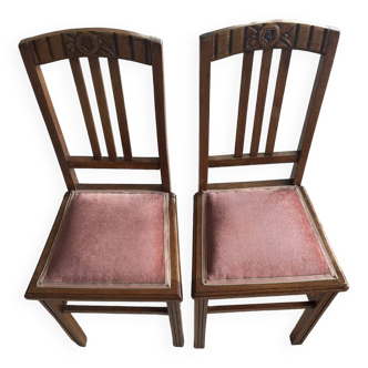Pair of carved wood chairs with pink velvet seat ART DECO