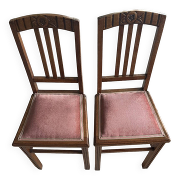 Pair of carved wooden chairs with pink velvet seat ART DECO