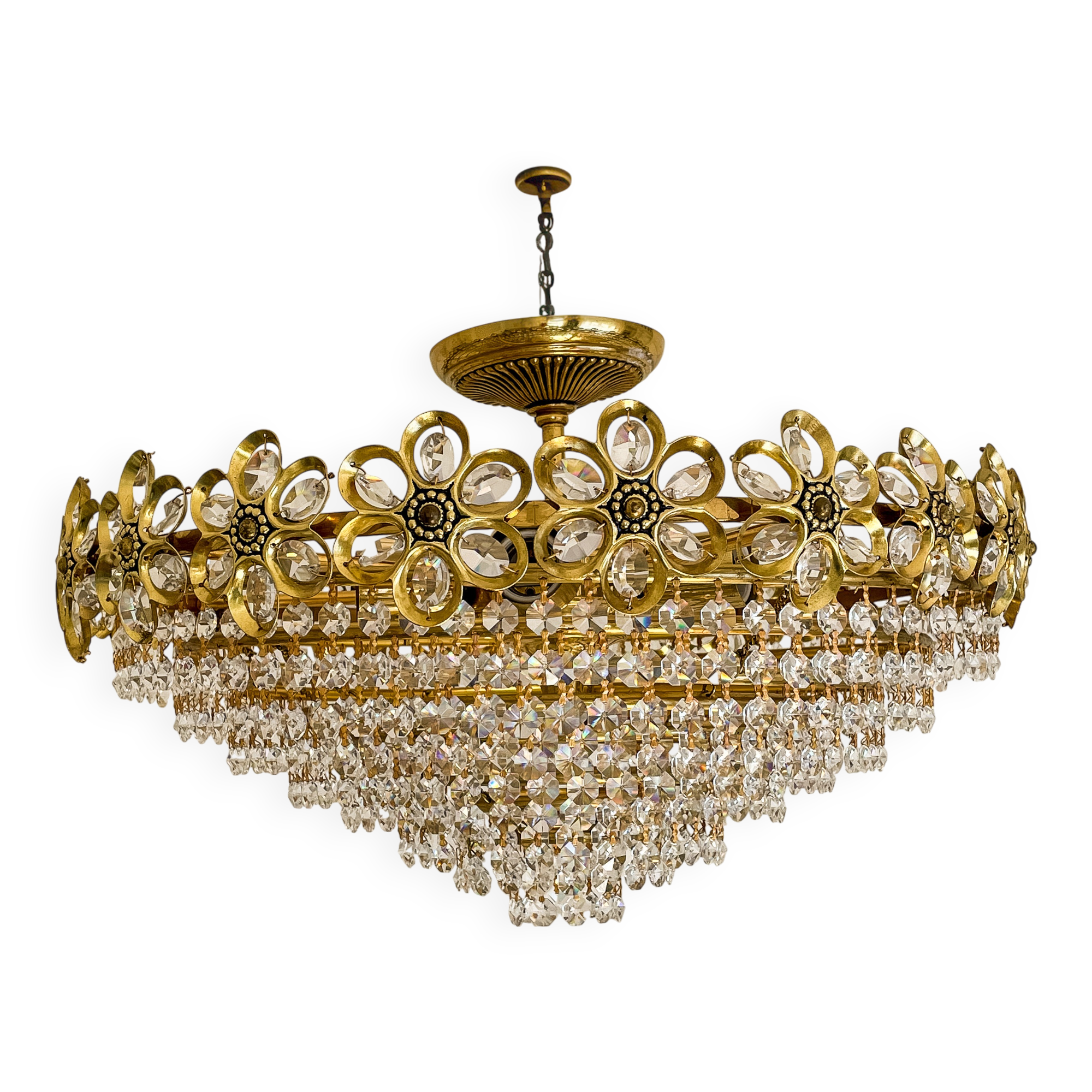 Crystal and solid brass ceiling chandelier, 5 lights, classic style.