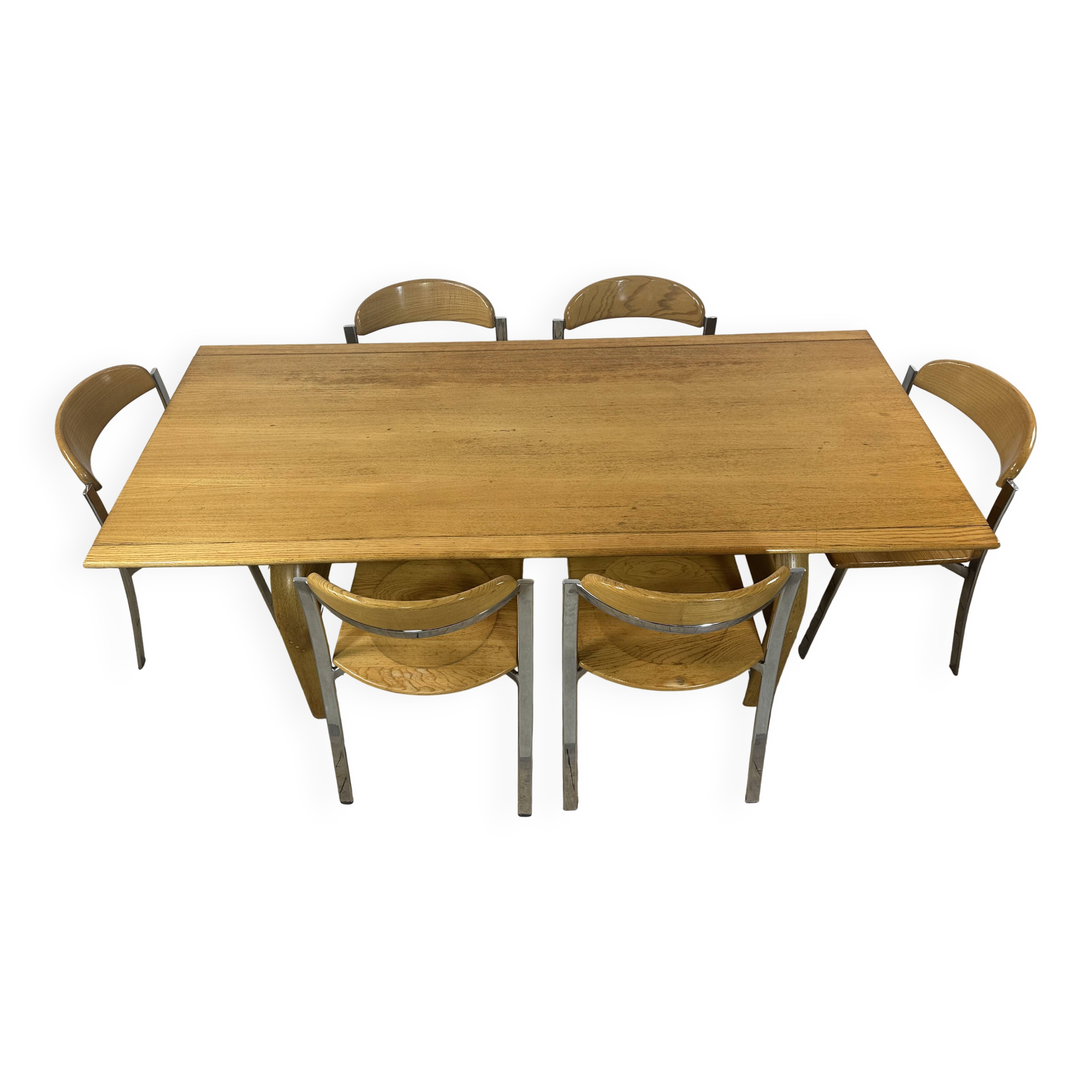 Vintage 1980s oak and chrome dining table + 6 chairs.