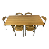 Vintage 1980s oak and chrome dining table + 6 chairs.