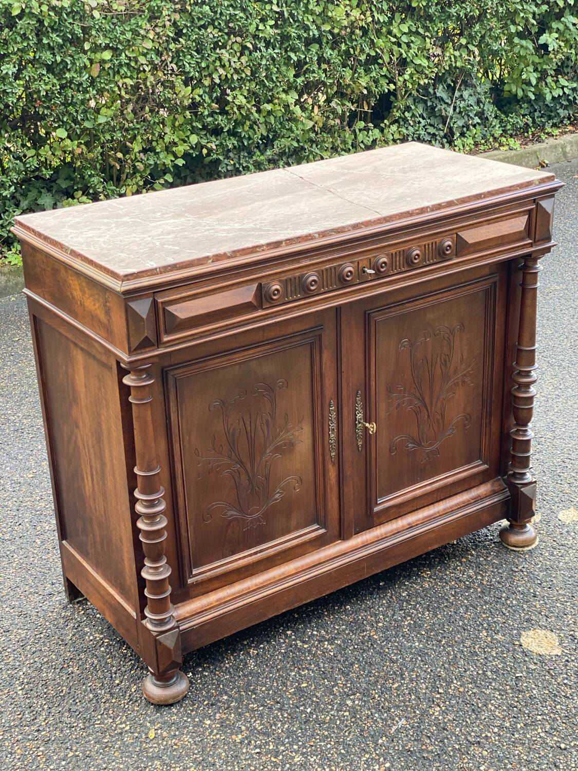 Henri II two-door sideboard in solid wood and marble