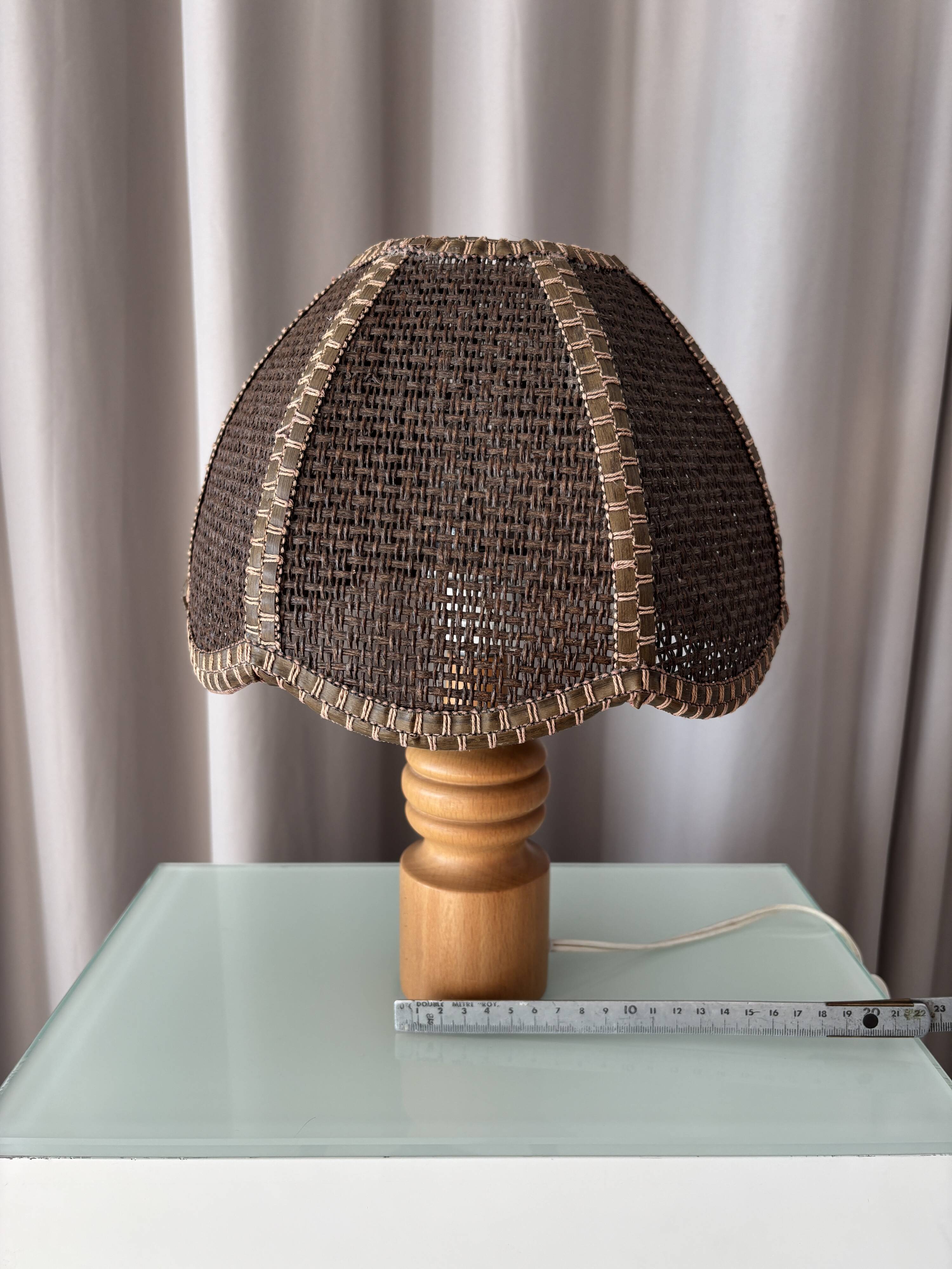 Vintage Woven Table Lamp – Wood & Rattan – 1970s