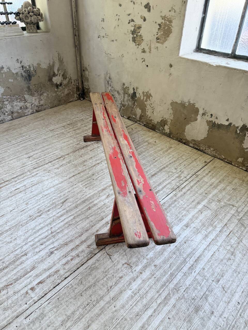 1950s oak bench with red patina, 2m