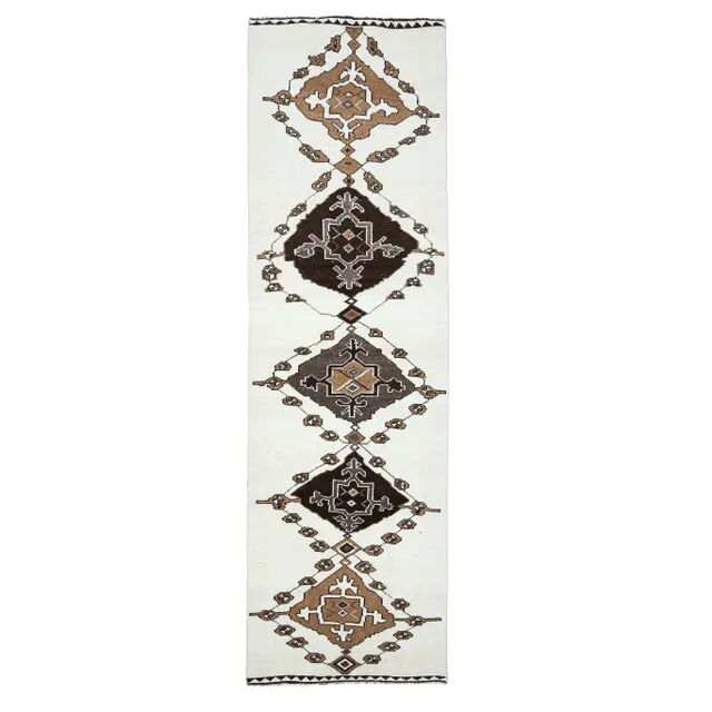 Tapis de couloir turc Oushak vintage fait main en laine et coton blanc
