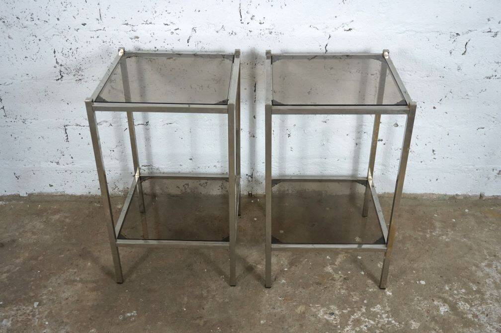 Pair of vintage side tables, chrome and smoked glass 1970