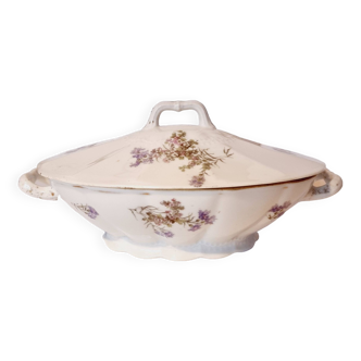 Small Fine Porcelain Tureen with Violet Flowers + Surprise Gift Decor of small bouquets of