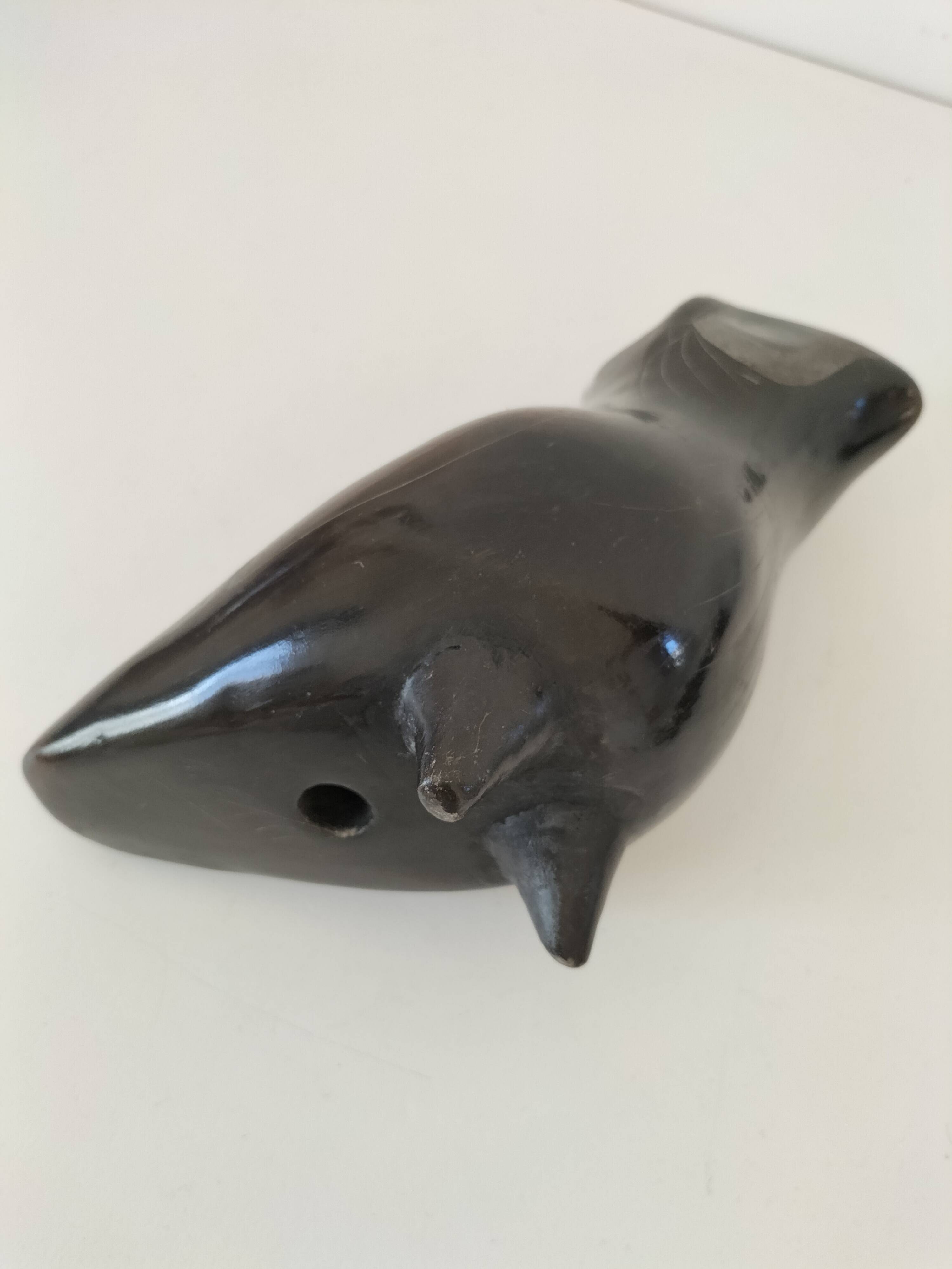 Engraved black ceramic owl signed Mexico