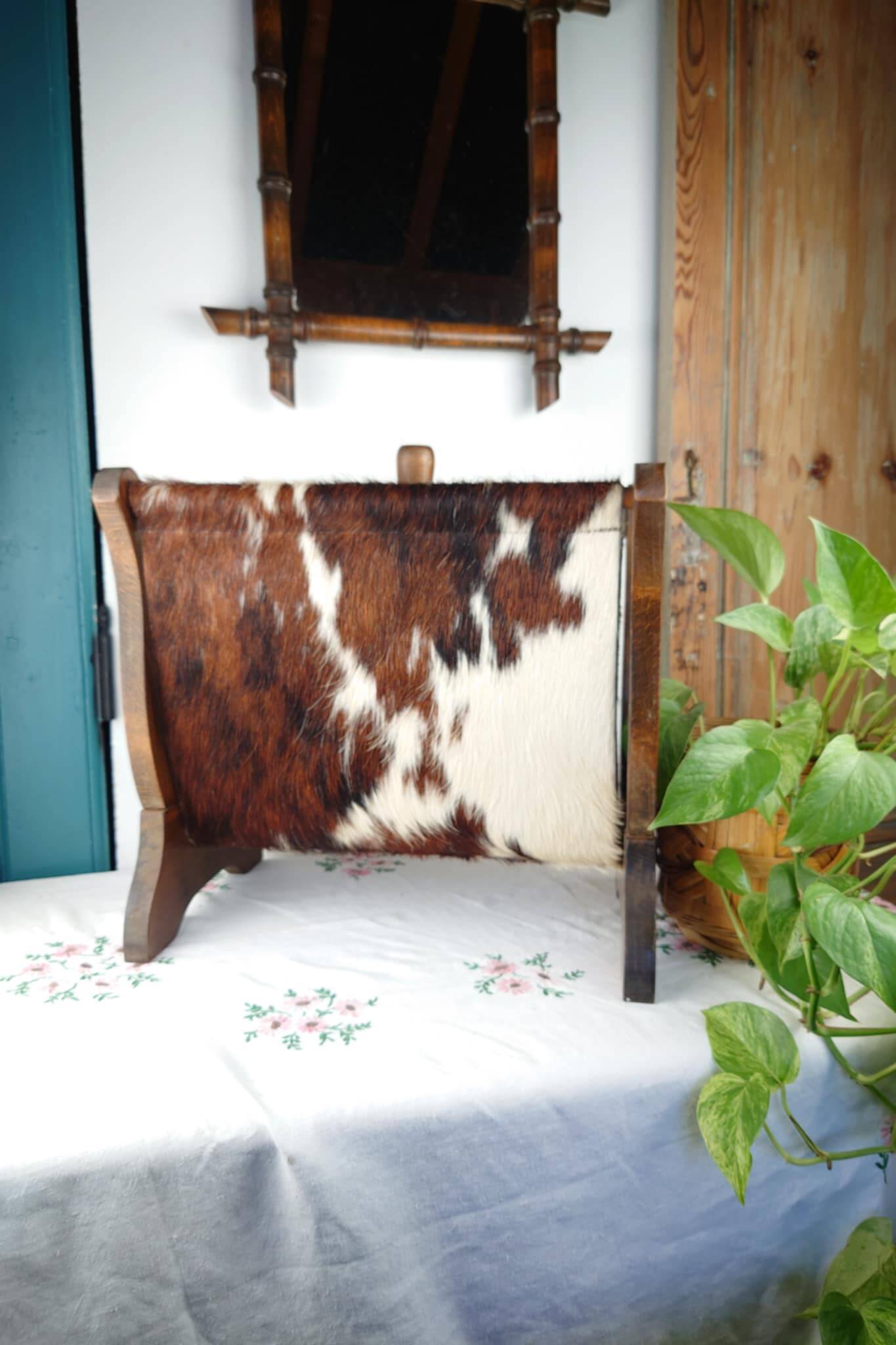 Vintage magazine rack wood and natural leather 37x39.5x26 cm 1.76 kg