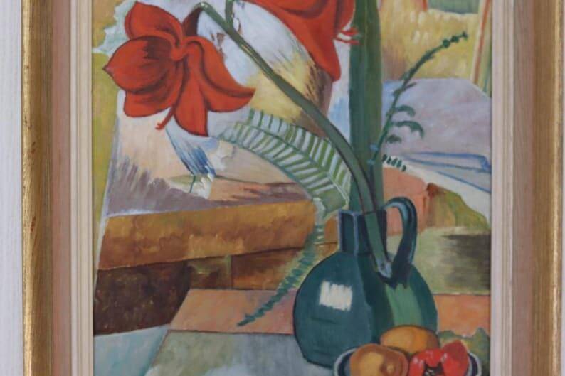 Huile sur toile suédoise « Nature morte avec Amaryllis et fruits » par A. Lindblom