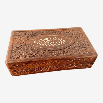 Carved wooden box with mother-of-pearl inlays