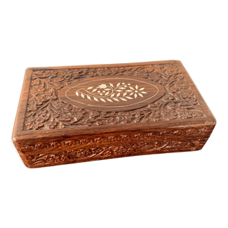 Carved wooden box with mother-of-pearl inlays