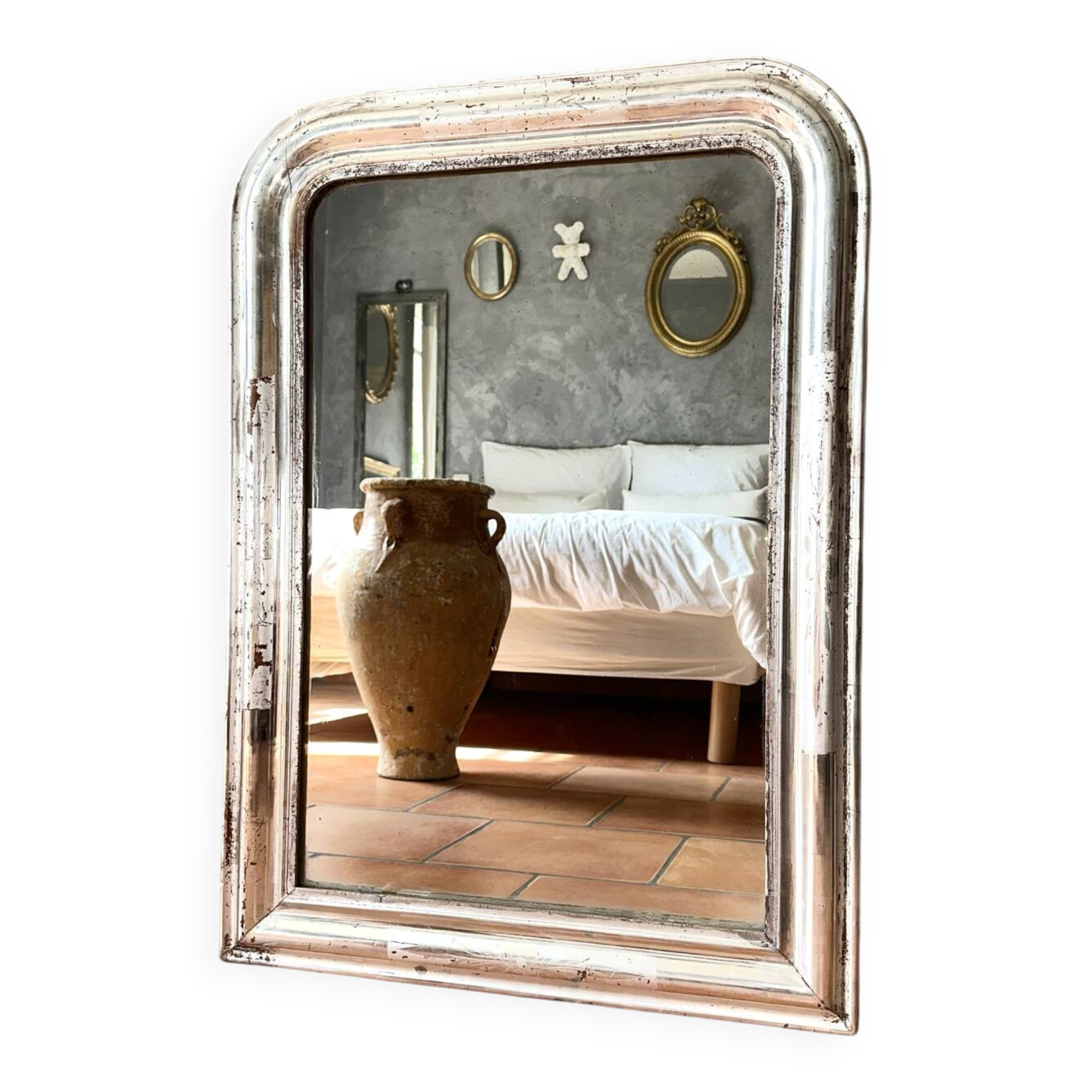 Miroir Louis-Philippe ancien en feuille d’argent, XIXème