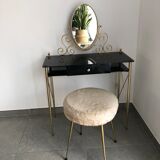 Coiffeuse laiton , verre et plastique noirs avec son tabouret moumoute