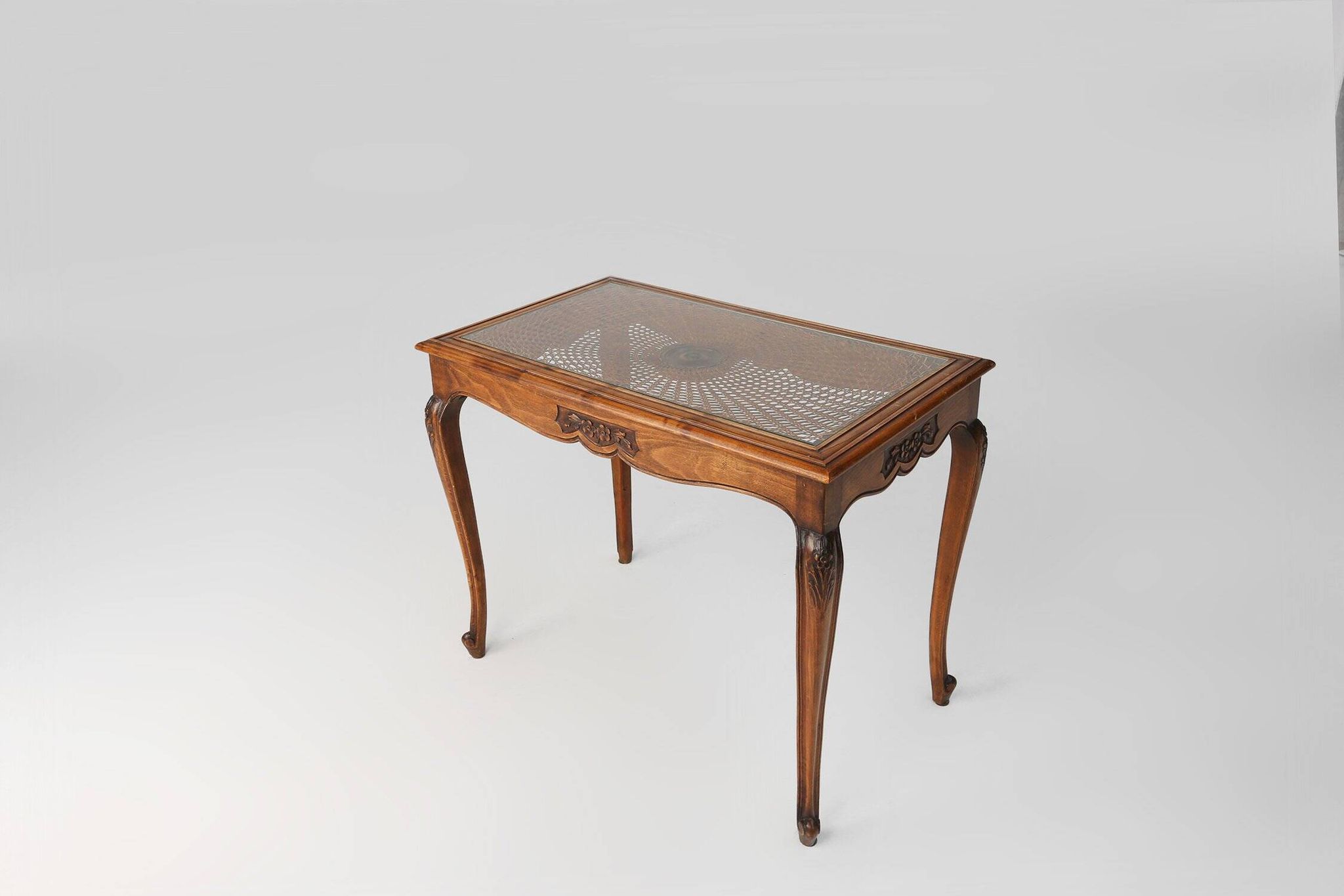 Sculpted Side Table in Wood, Glass & Rattan, France 1950s