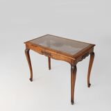 Sculpted Side Table in Wood, Glass & Rattan, France 1950s