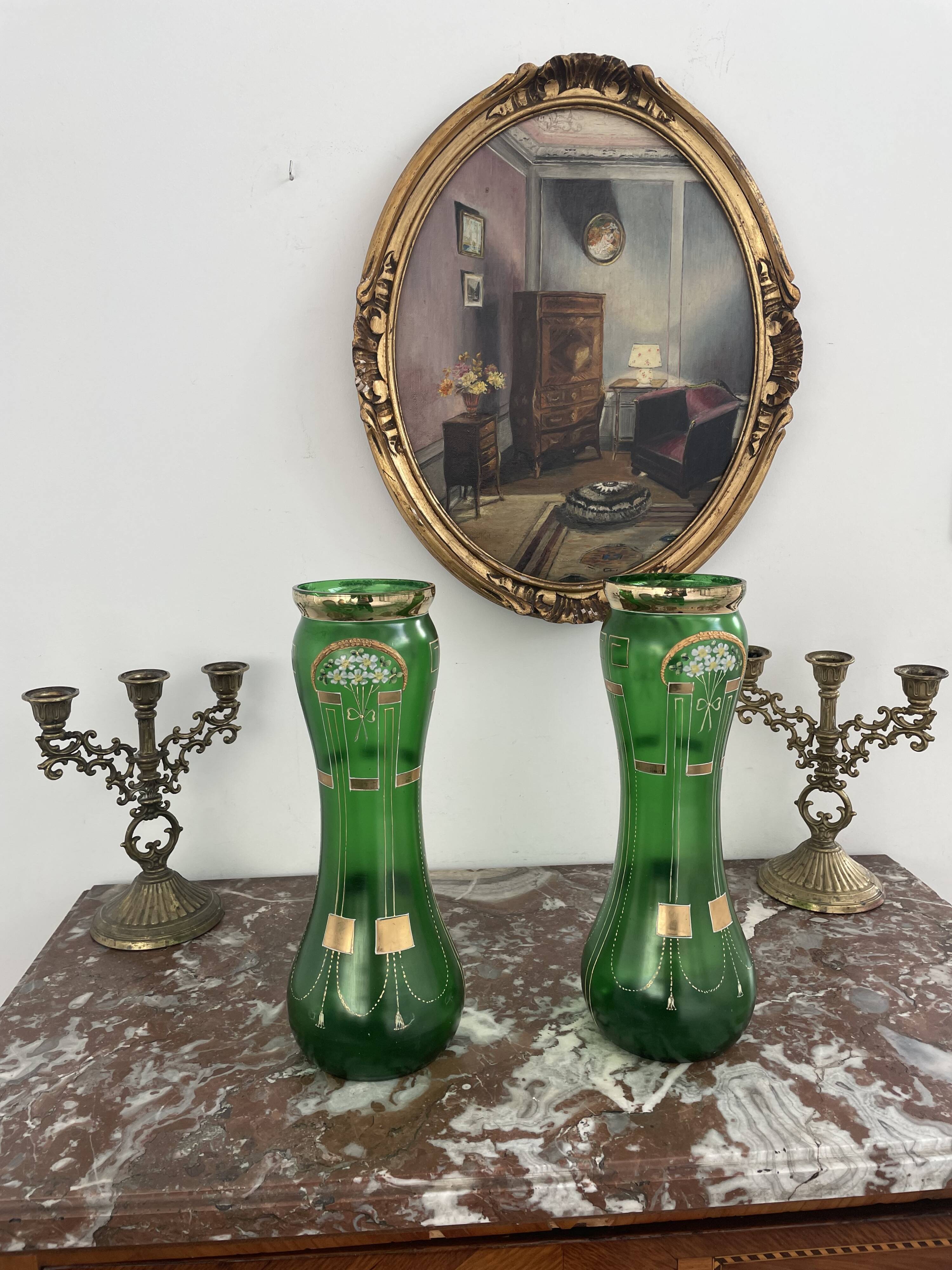 Antique, pair, green vases, flower decoration, golden, ART DECO, daisies, knot, hand painted