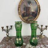 Paire de vases verts, décor fleurs, doré, art deco, marguerites, nœud, peint à la main, antique