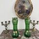 Antique, pair, green vases, flower decoration, golden, ART DECO, daisies, knot, hand painted