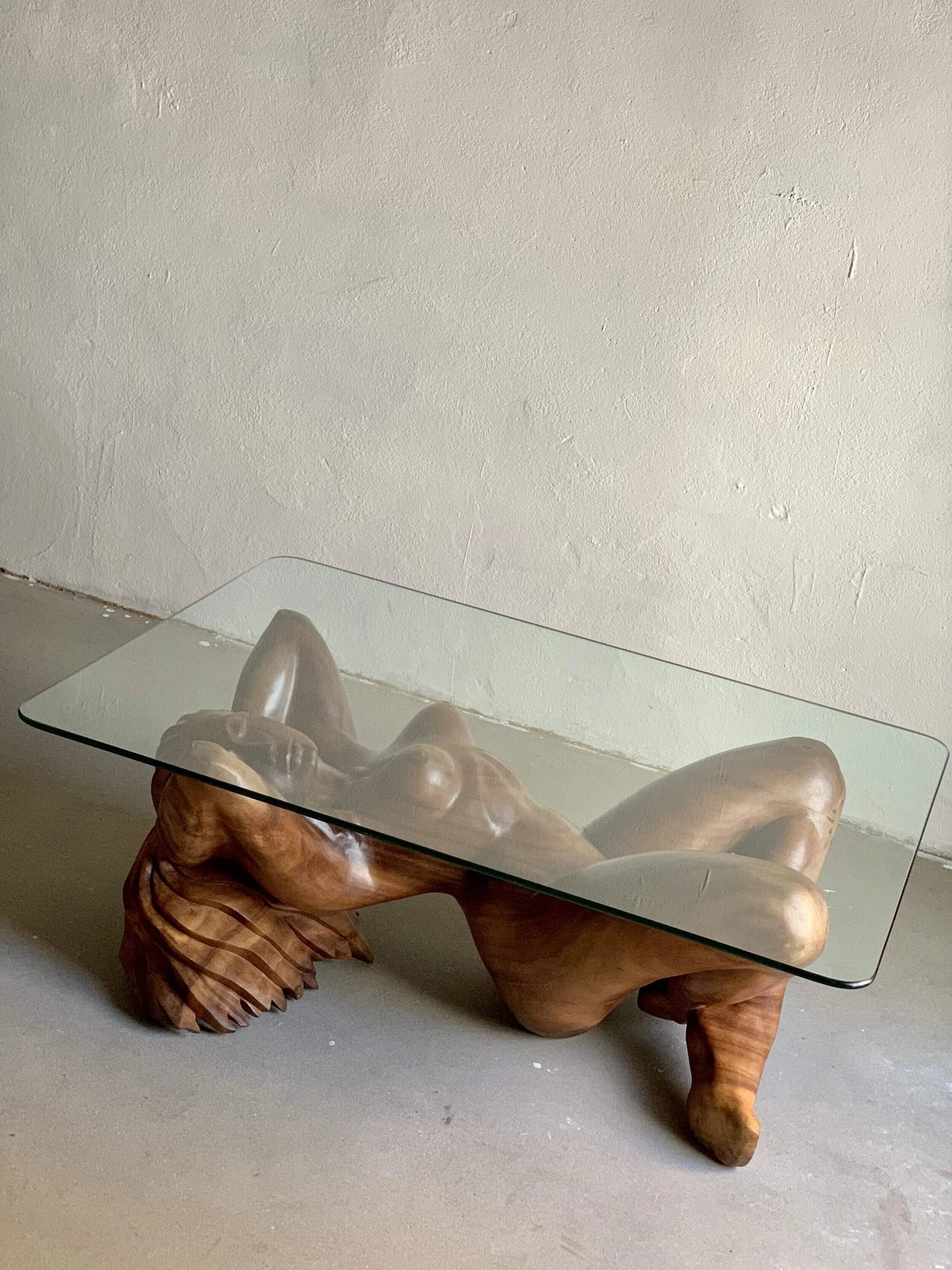 Vintage hand-carved wooden female nude sculpture coffee table