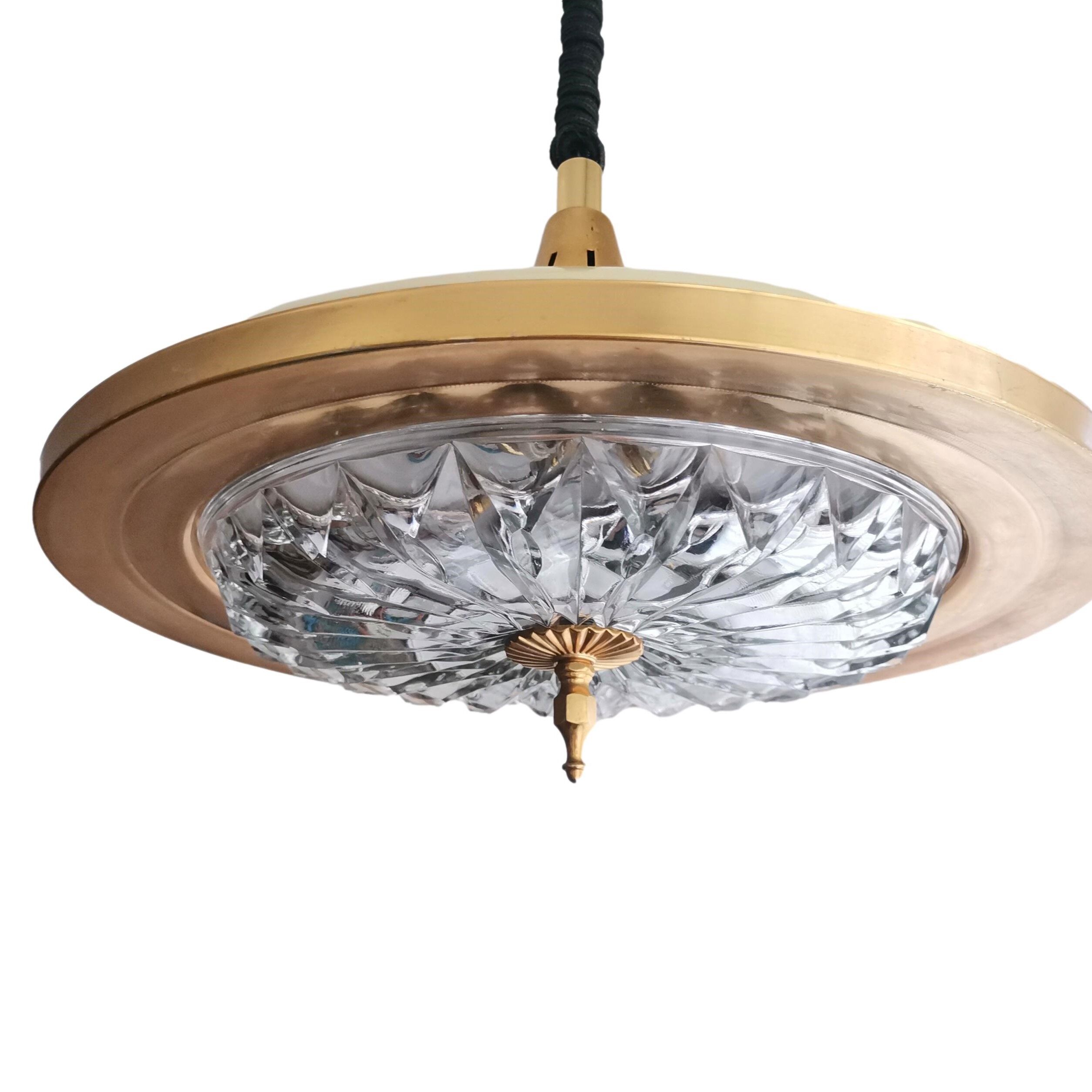 1960s mid century cream metal and crystal pull down large hanging lamp