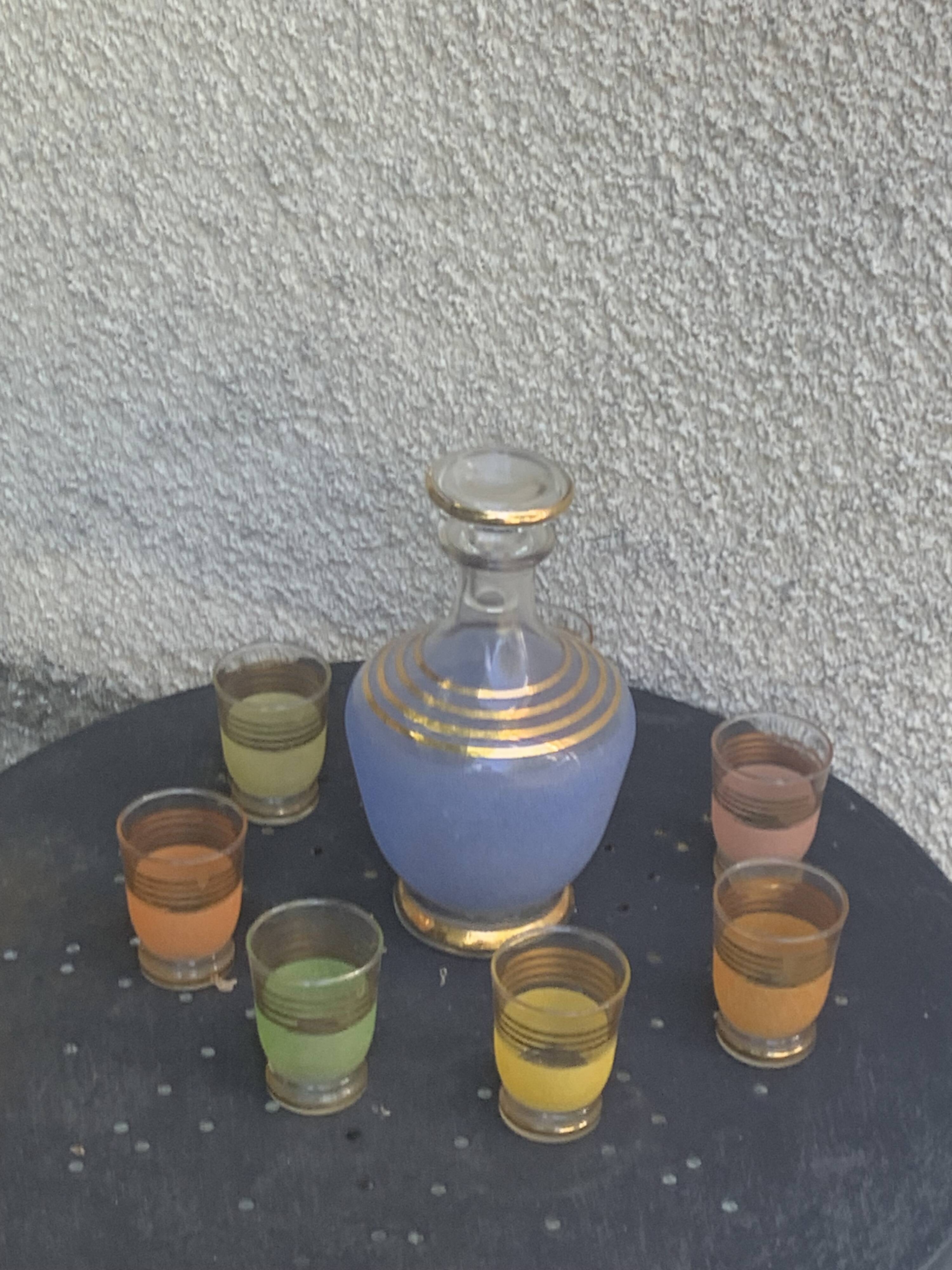 Liqueur set, Porto, consisting of a blue granite carafe and 6 glasses