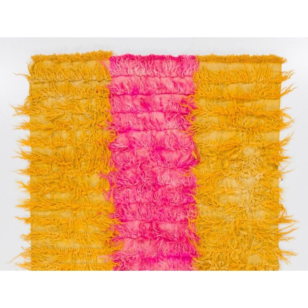 New Hand-Knotted Shag Pile Tulu Rug in Hot Pink and Yellow, 100% Mohair Wool