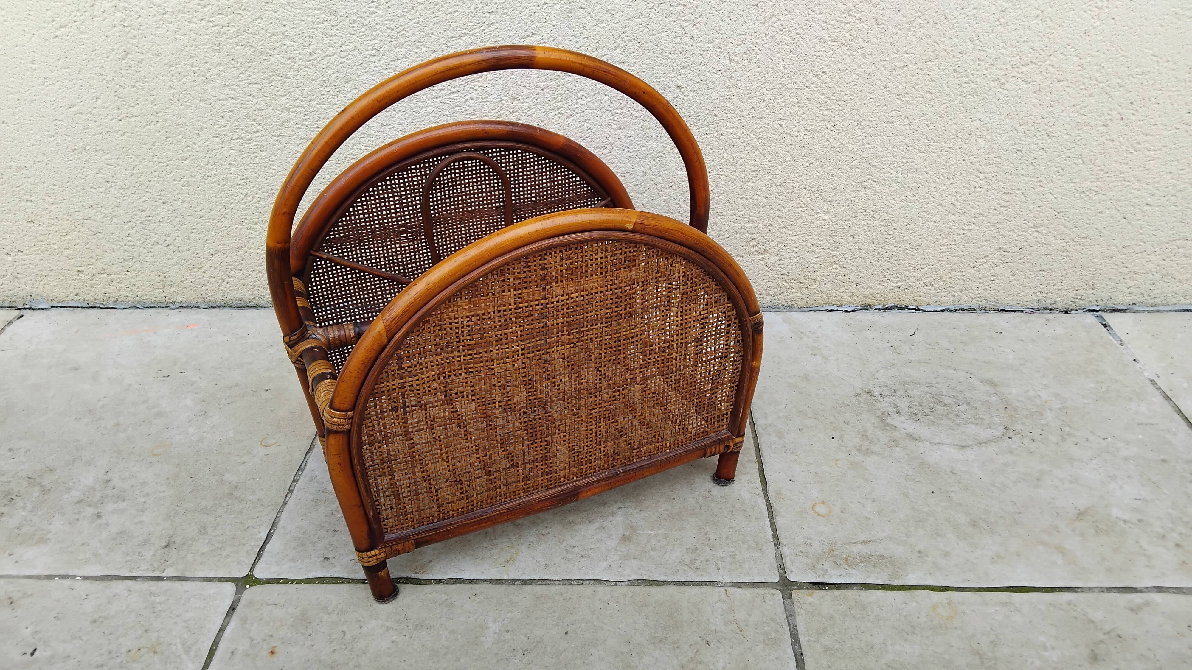 Vintage rattan cane magazine rack