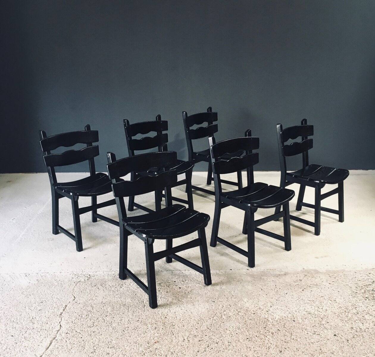 Brutalist dining chairs by Dittmann for Awa Radbound, Netherlands, 1970s, set of 6.