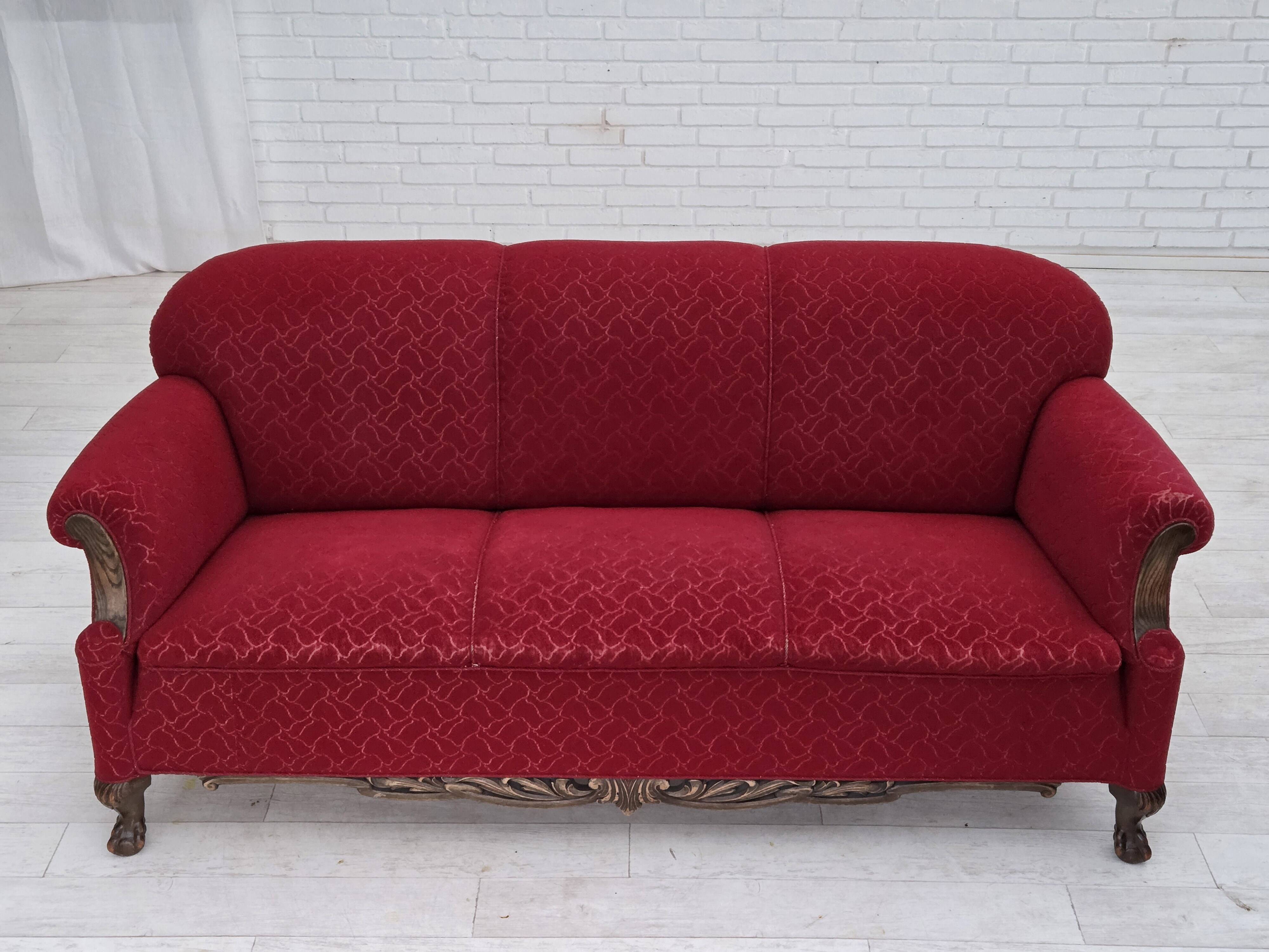 1950s, Danish 3-seater sofa, red and light grey furniture wool, oak wood.