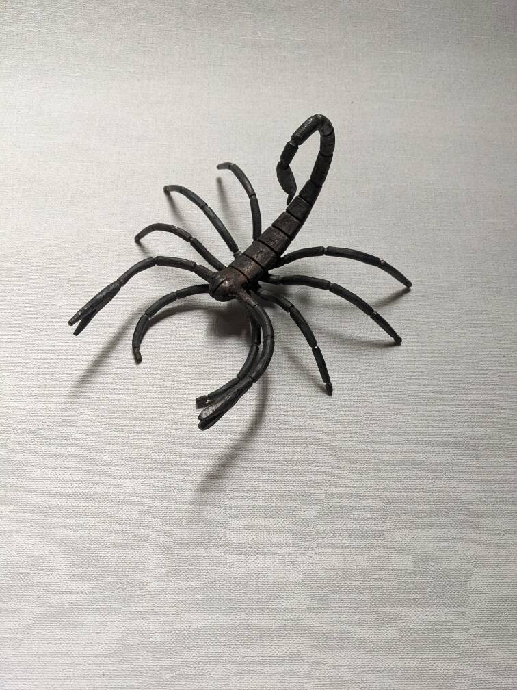Handcrafted metal scorpion sculpture, curiosity cabinet, arthropod object