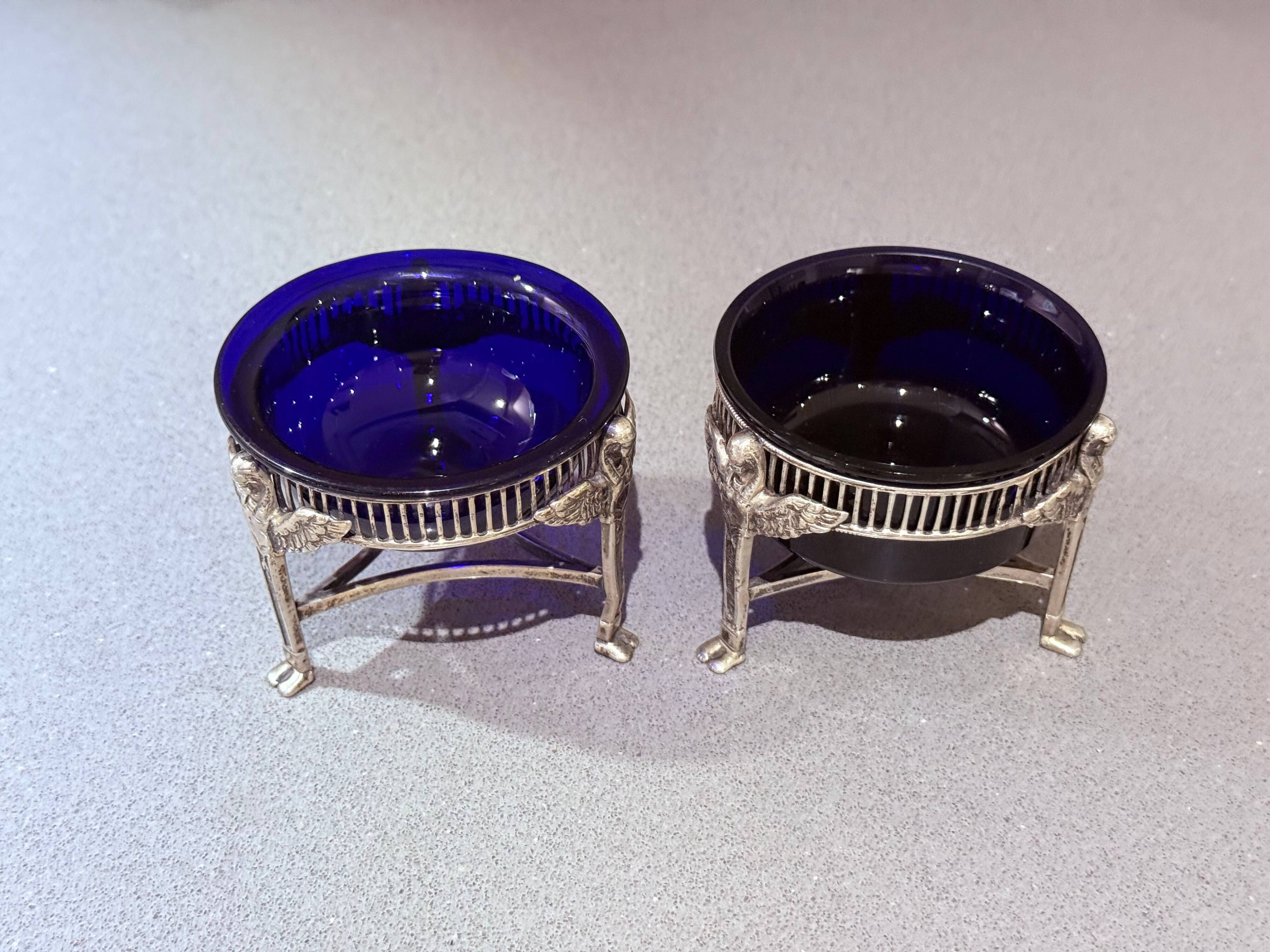 Pair of Vintage Swan-Shaped Salt Cellars, Silver-Plated, with Cobalt Blue Glass Liners