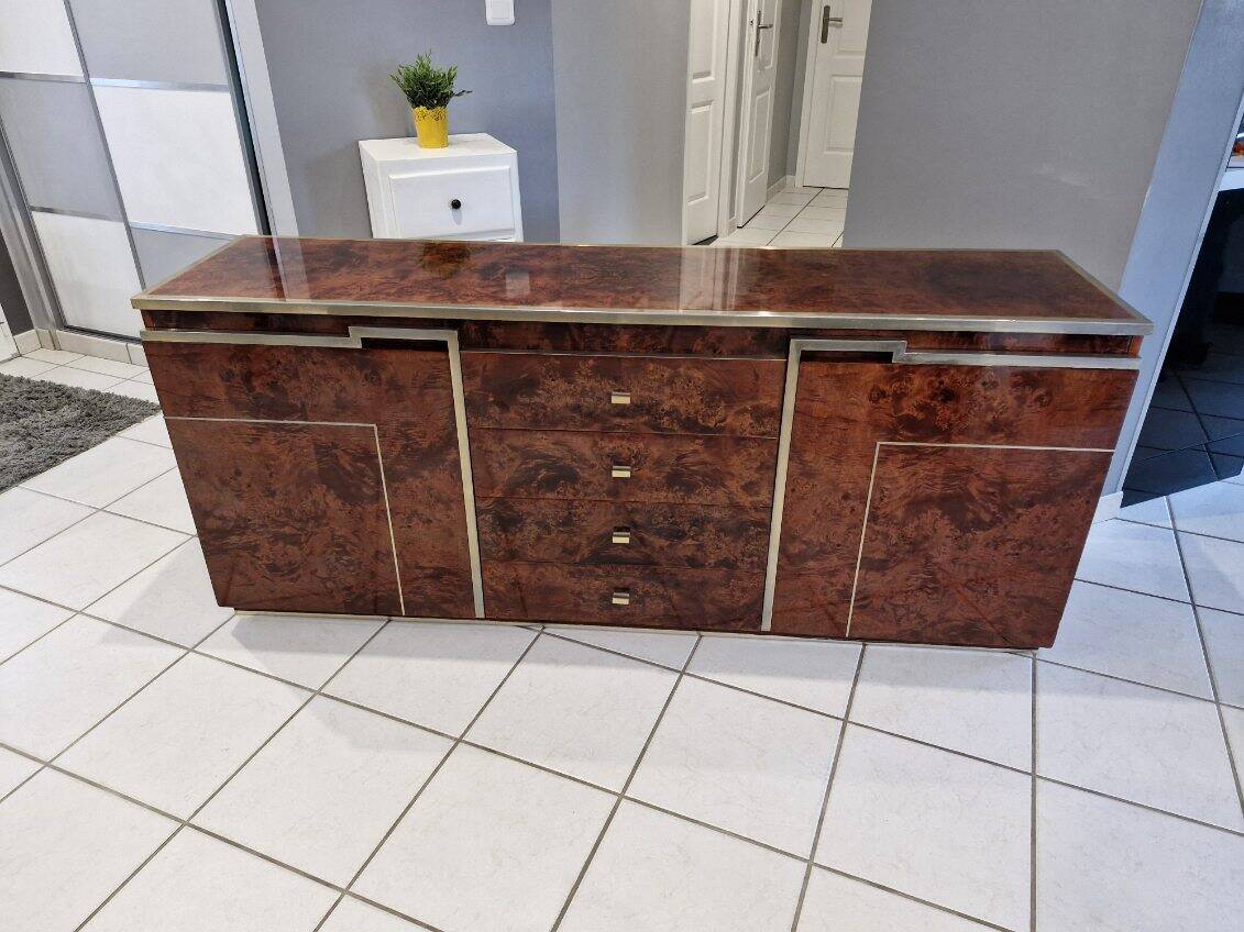 Vintage elm burl and chrome sideboard from the 1970s.